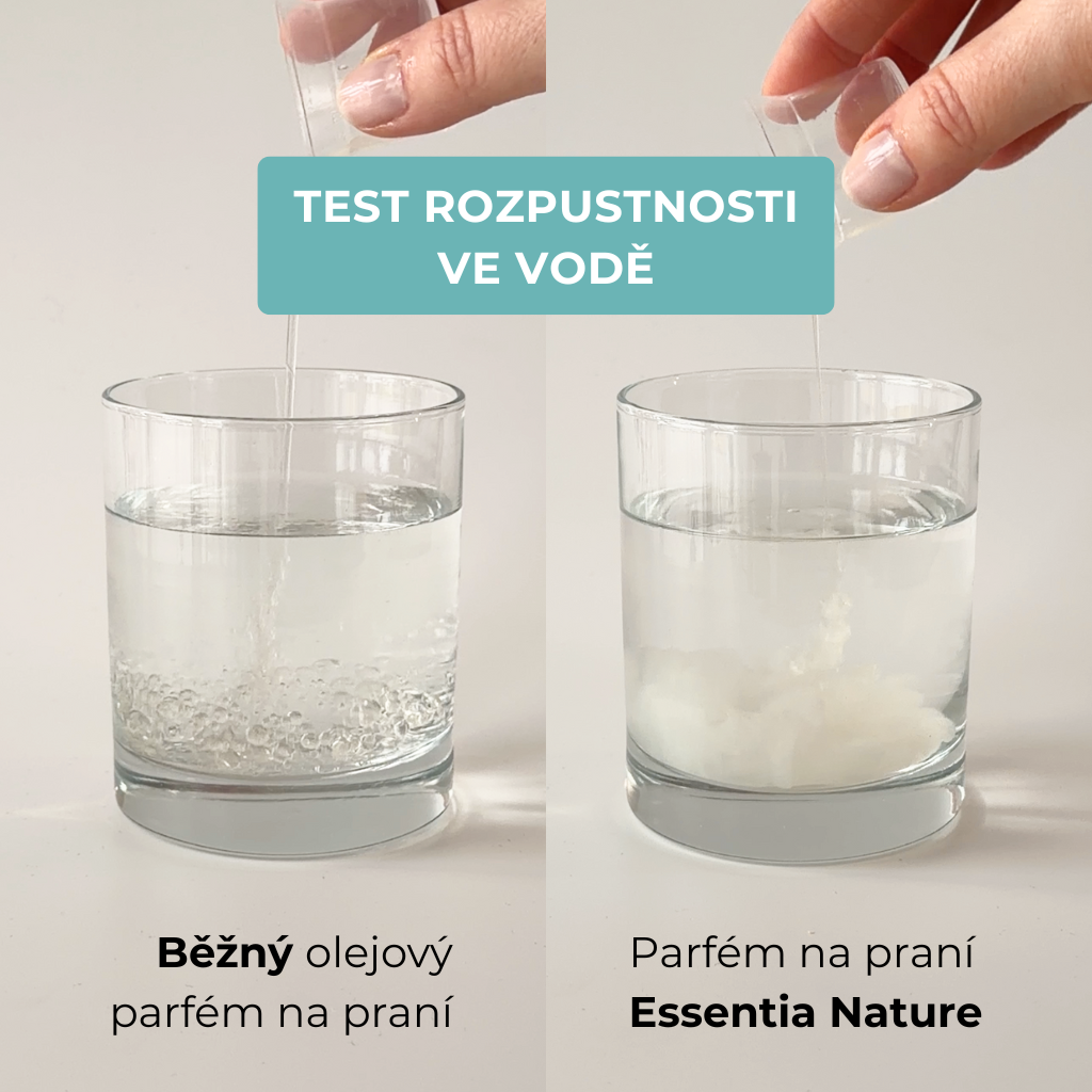 Test rozpustnosti – běžný olejový parfém vs. Essentia Nature